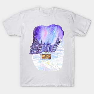 Snowy Night: Watercolor Winter Landscape with Cozy Cottage T-Shirt